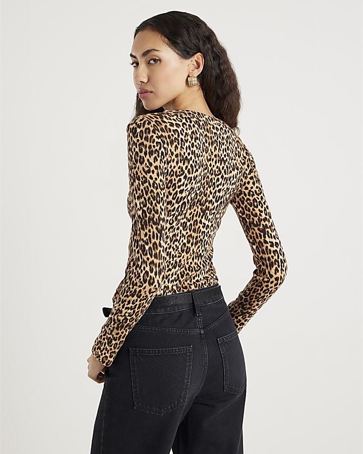 River Island Brown Leopard Print Long Sleeve Fitted Top