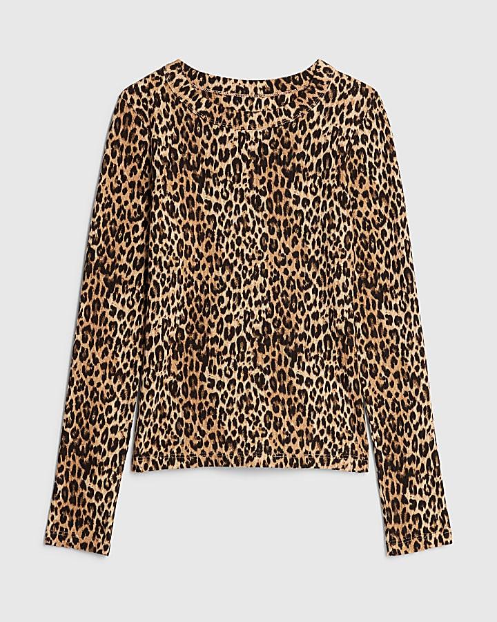 river island Brown Leopard Print Long Sleeve Fitted Top