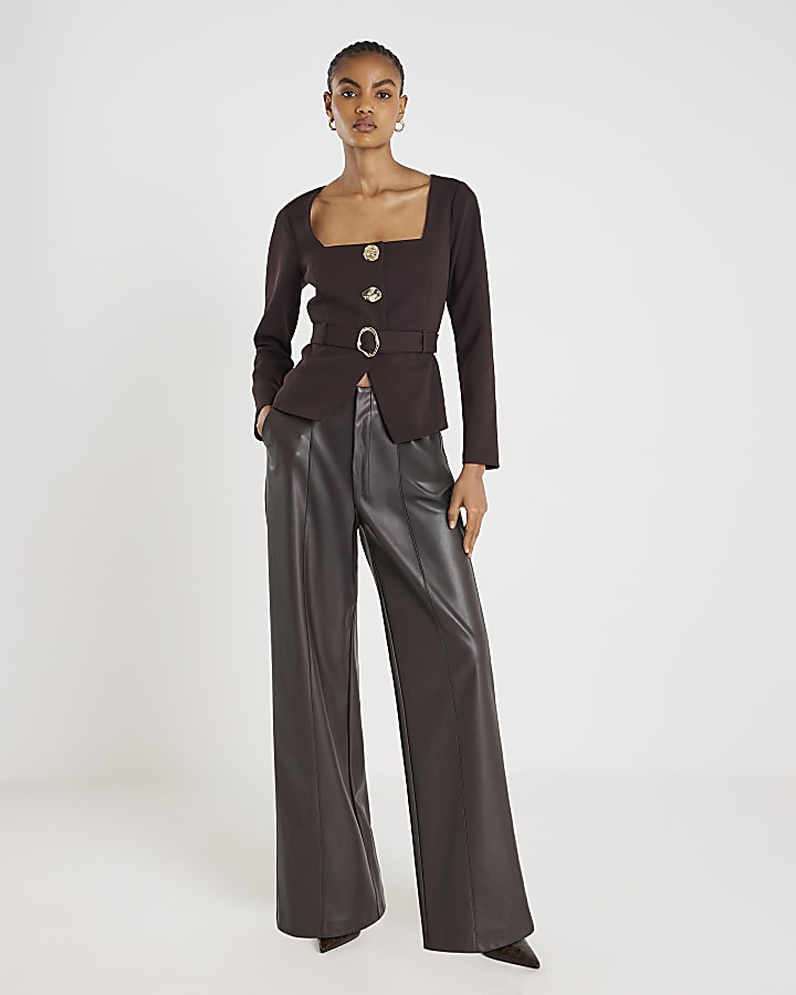 River Island Brown Long Sleeve Belted Mixed Button Blazer