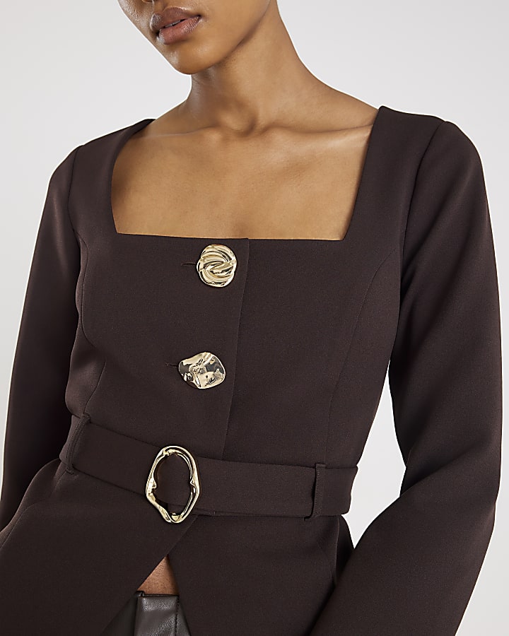 River Island Brown Long Sleeve Belted Mixed Button Blazer