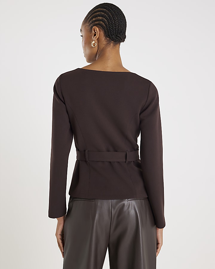 River Island Brown Long Sleeve Belted Mixed Button Blazer