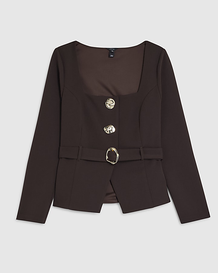river island Brown Long Sleeve Belted Mixed Button Blazer