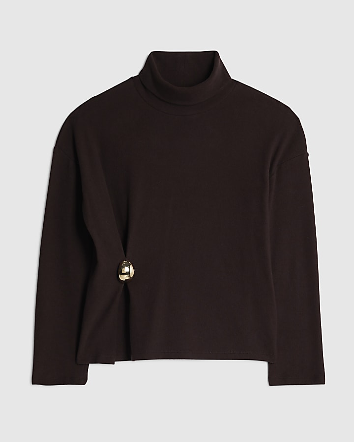 river island Brown Long Sleeve Cosy Gold Detail Top