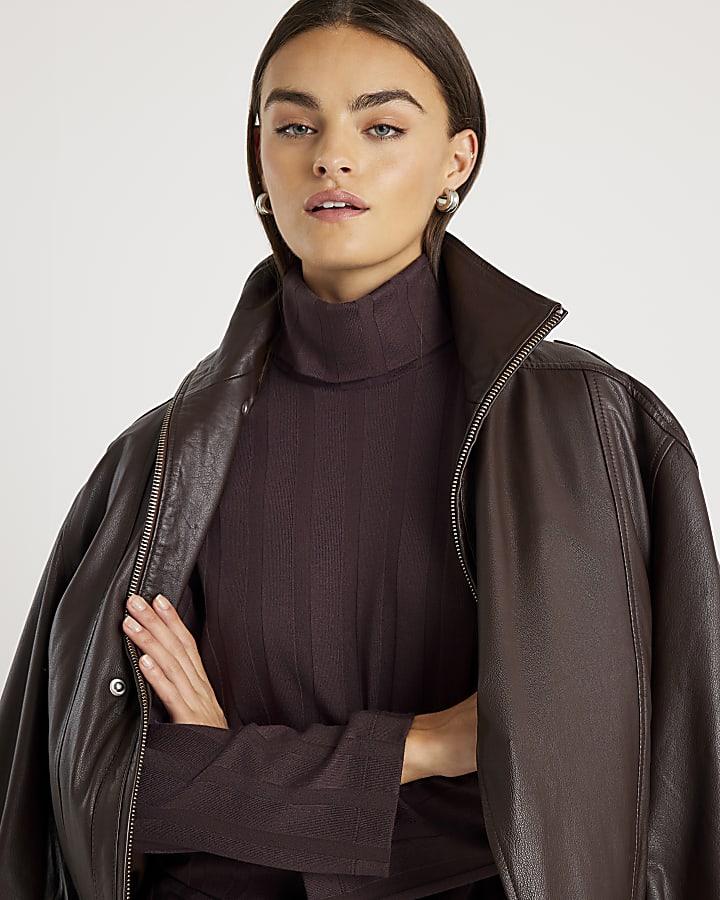 River Island Brown Long Sleeve Cosy Wide Ribbed Top