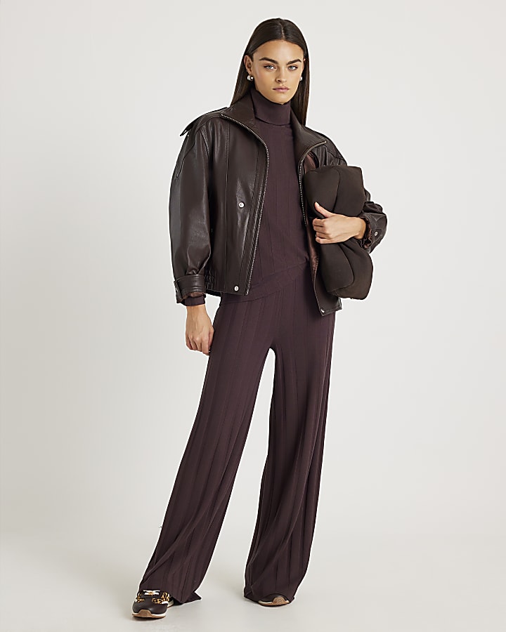 River Island Brown Long Sleeve Cosy Wide Ribbed Top