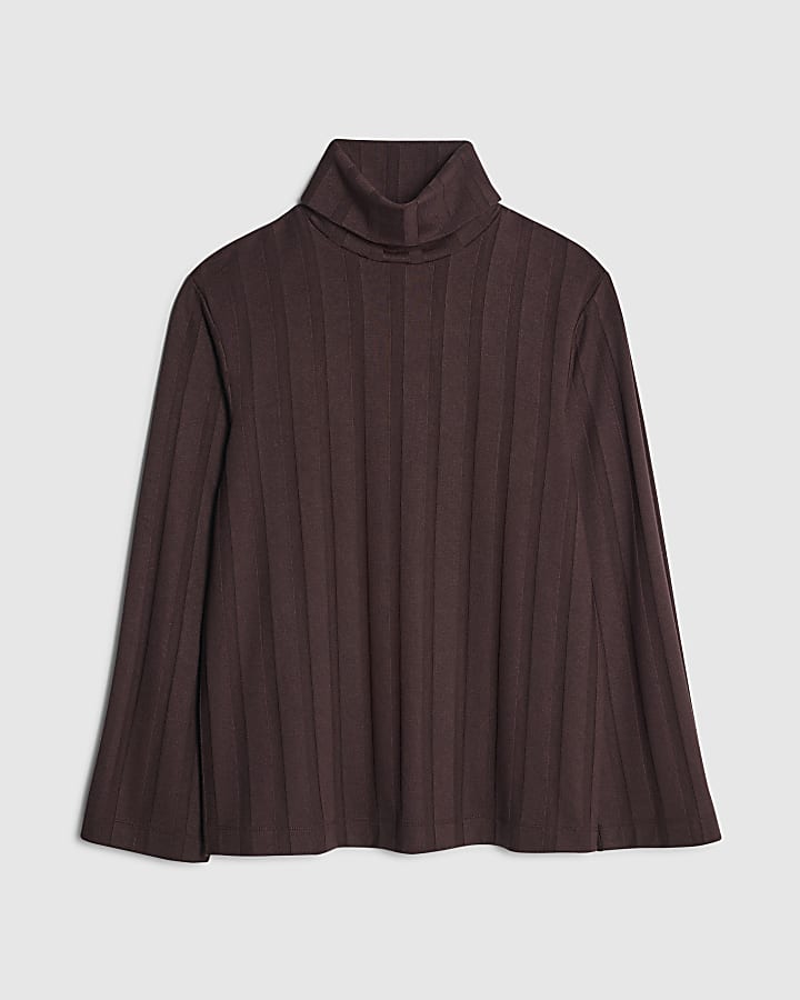 river island Brown Long Sleeve Cosy Wide Ribbed Top