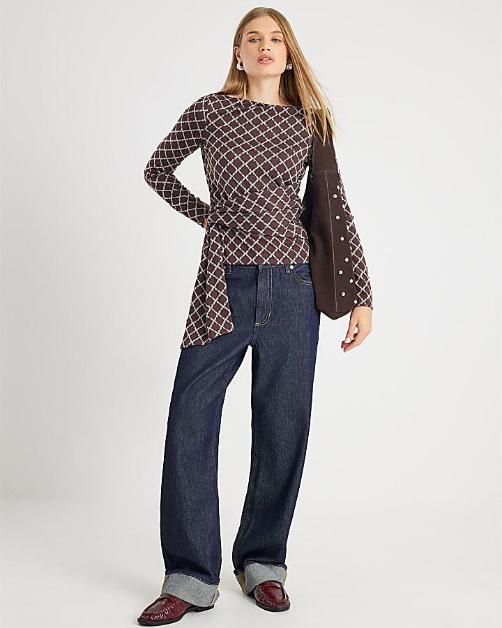 River Island Brown Long Sleeve Geometric Drape Front Top