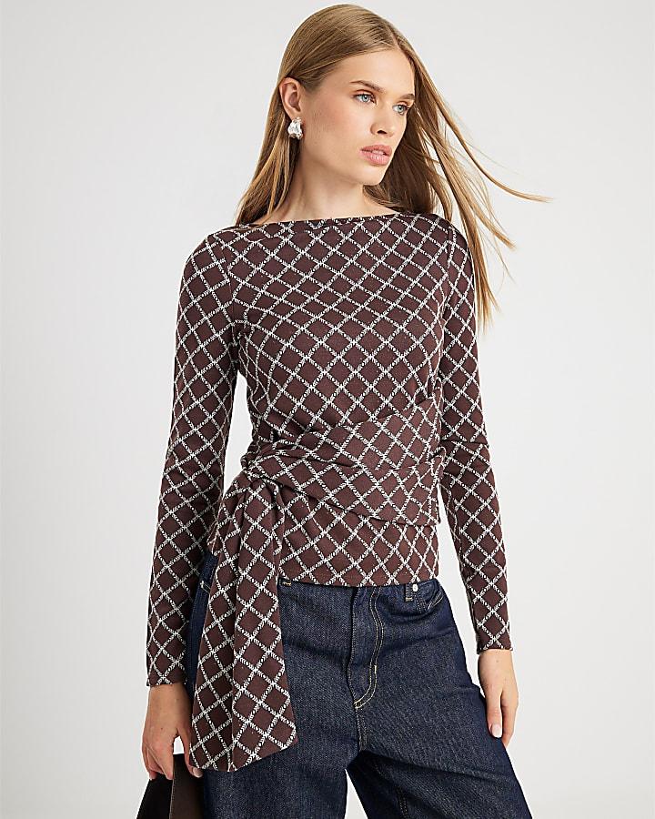 River Island Brown Long Sleeve Geometric Drape Front Top