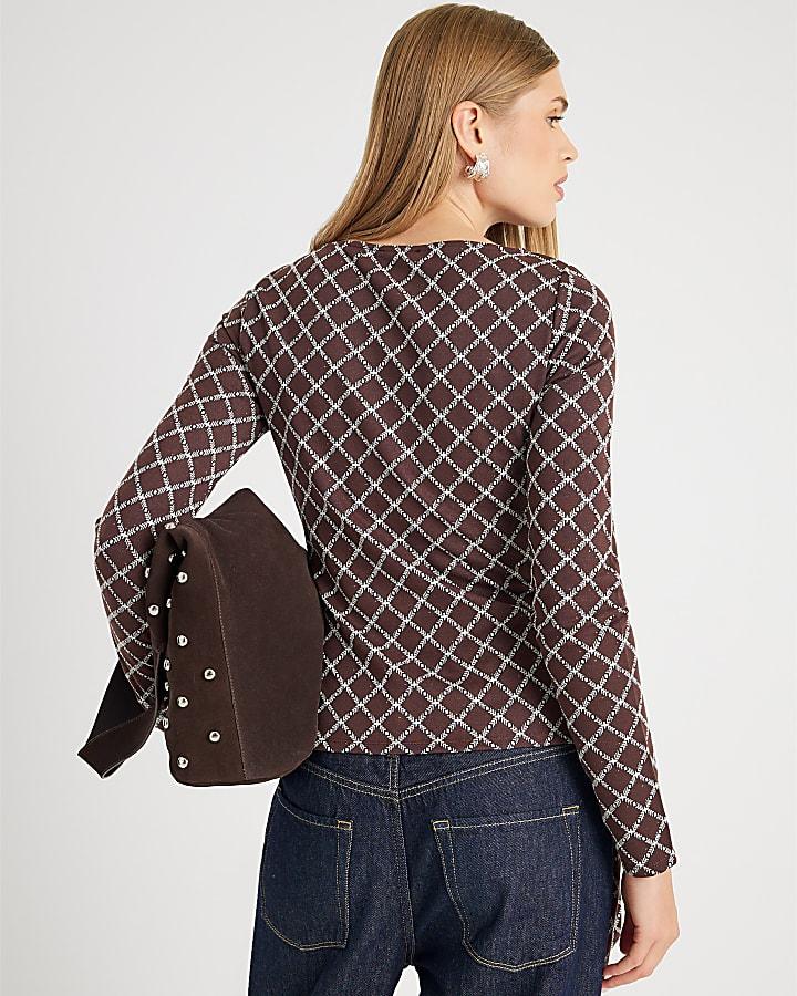 River Island Brown Long Sleeve Geometric Drape Front Top