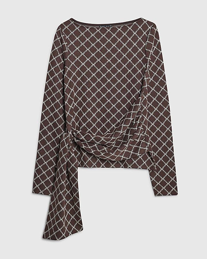 river island Brown Long Sleeve Geometric Drape Front Top