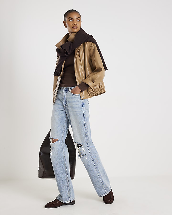 River Island Brown Long Sleeve Ribbed Crew Neck Top