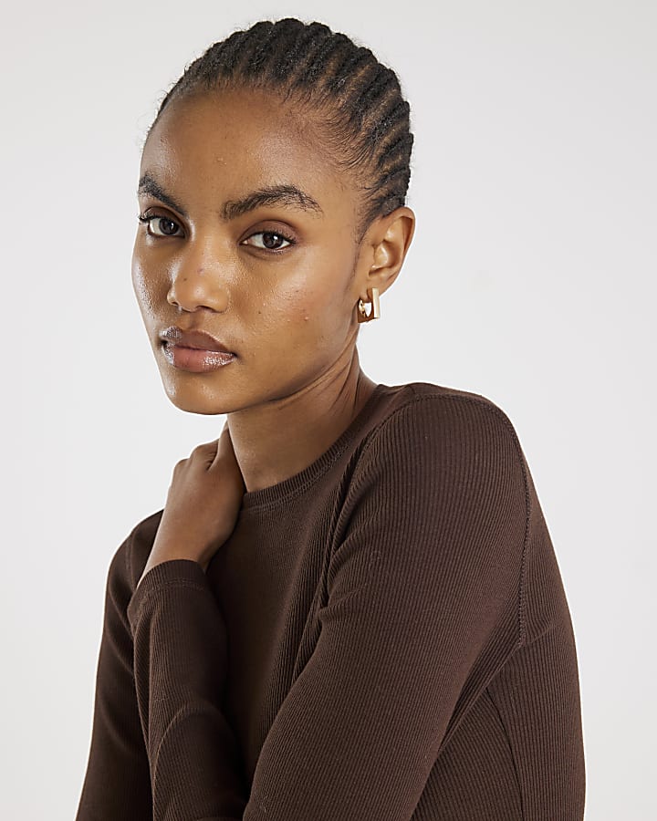River Island Brown Long Sleeve Ribbed Crew Neck Top