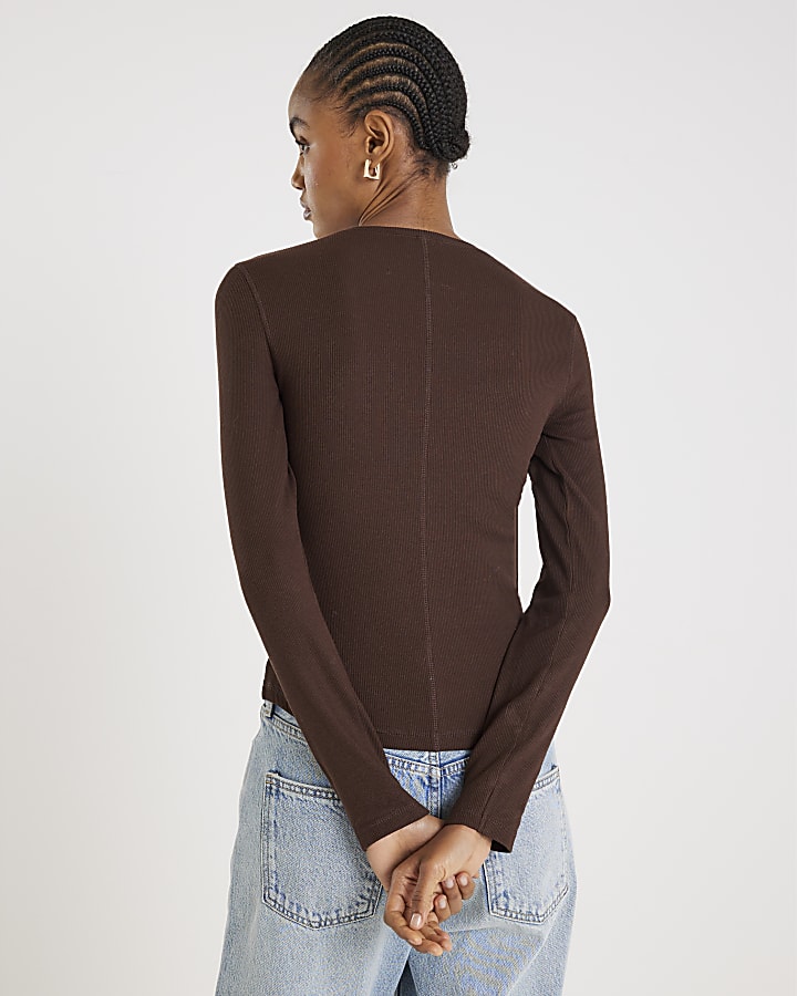 River Island Brown Long Sleeve Ribbed Crew Neck Top
