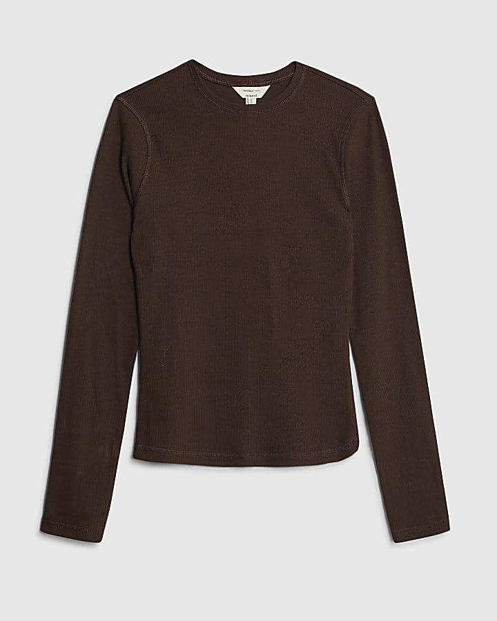 river island Brown Long Sleeve Ribbed Crew Neck Top