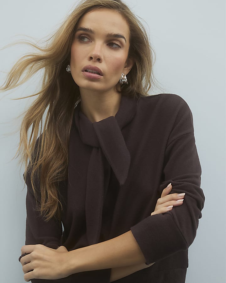 River Island Brown Long Sleeve Scarf Tie Neck Cosy Top