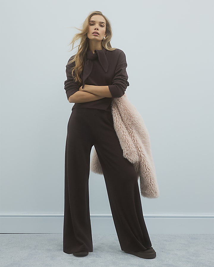 River Island Brown Long Sleeve Scarf Tie Neck Cosy Top