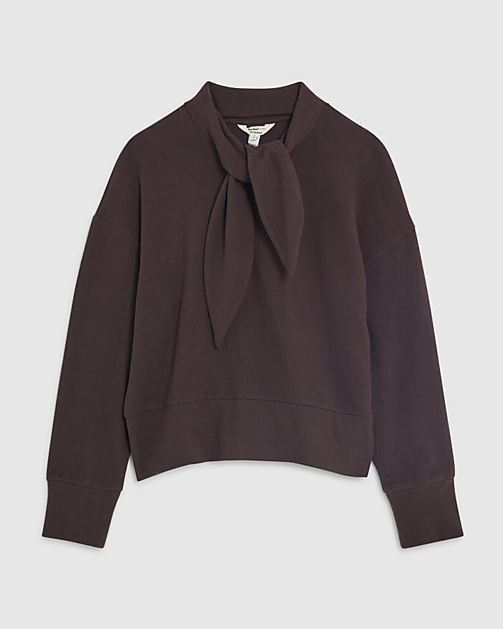 river island Brown Long Sleeve Scarf Tie Neck Cosy Top