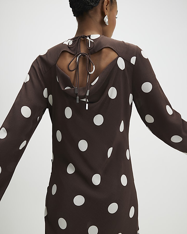 River Island Brown Long Sleeve Spot Print Midi Dress
