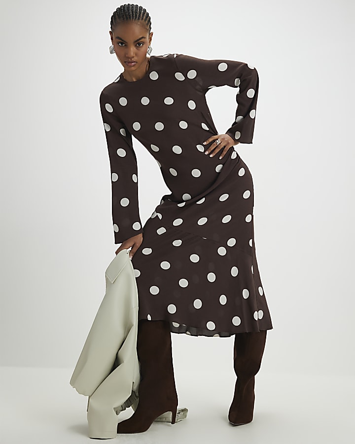 River Island Brown Long Sleeve Spot Print Midi Dress