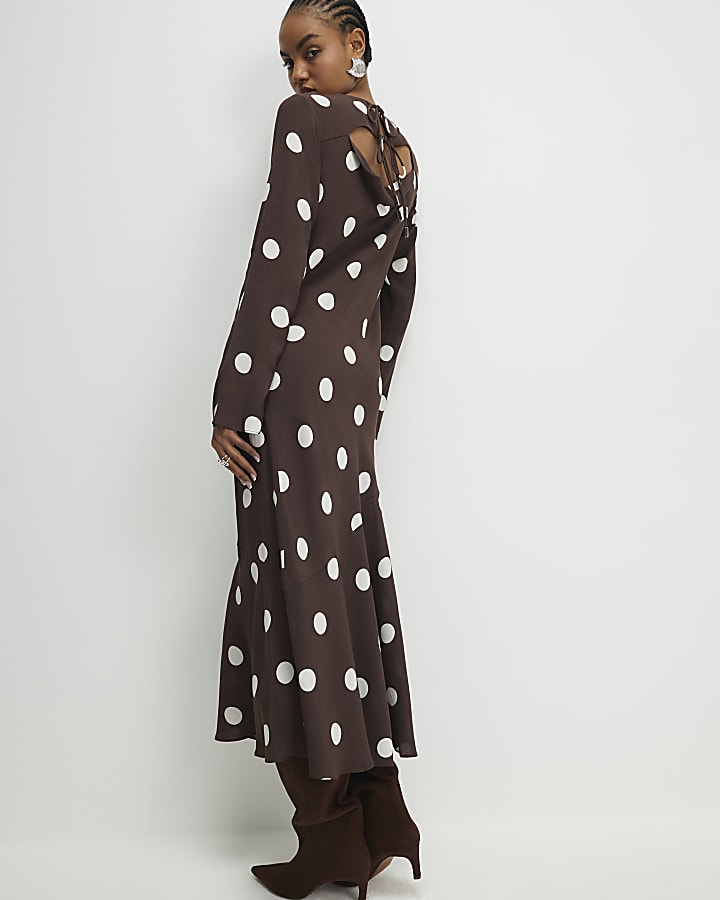 River Island Brown Long Sleeve Spot Print Midi Dress