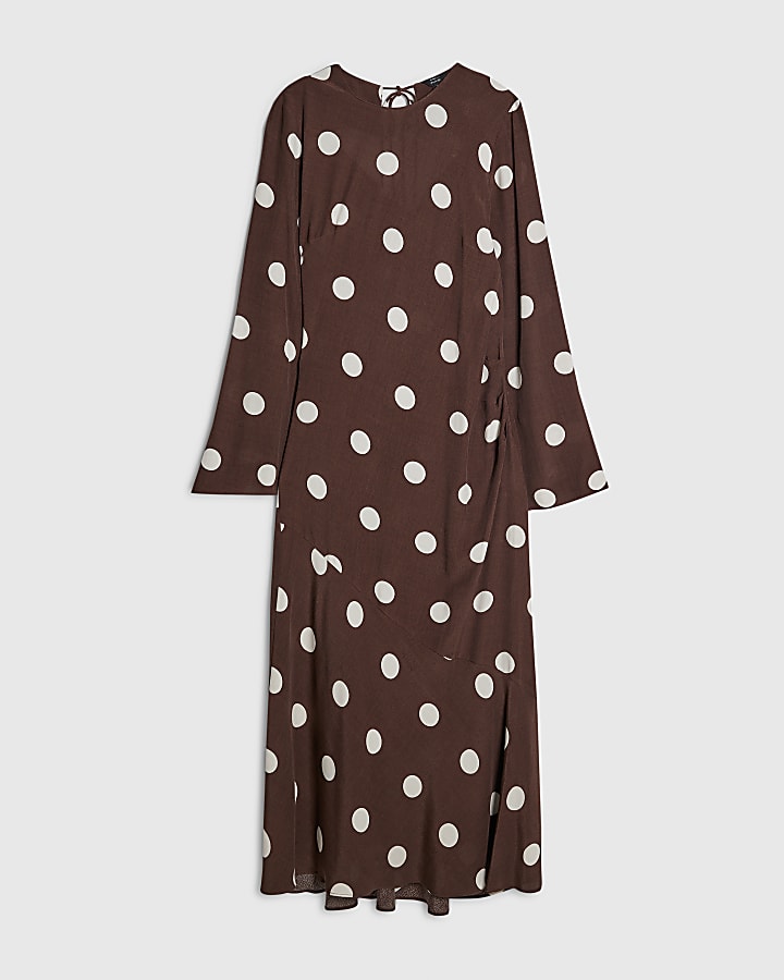 river island Brown Long Sleeve Spot Print Midi Dress