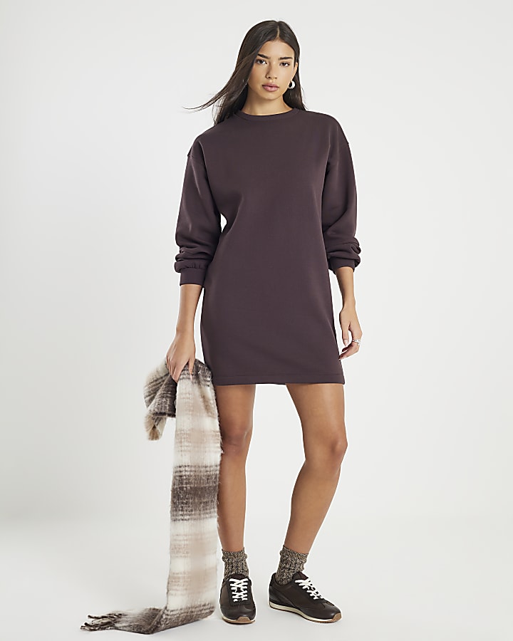 River Island Brown Long Sleeve Sweatshirt Mini Dress