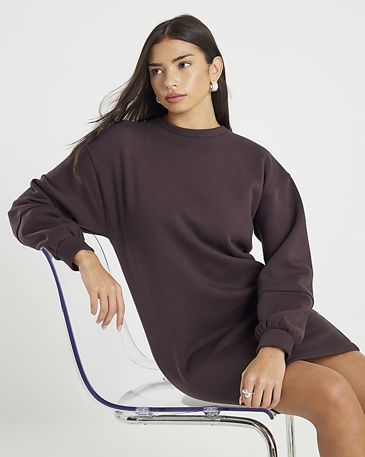 River Island Brown Long Sleeve Sweatshirt Mini Dress