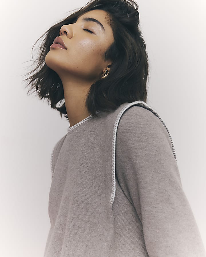 River Island Brown Long Sleeve Whipstitch Sweatshirt