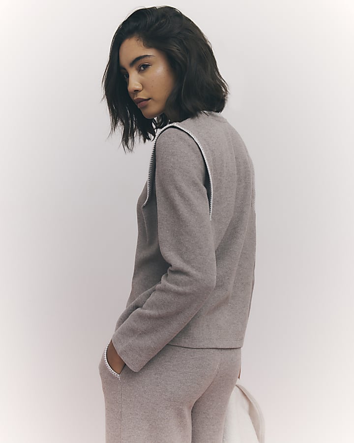 River Island Brown Long Sleeve Whipstitch Sweatshirt