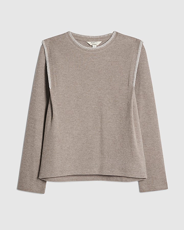 river island Brown Long Sleeve Whipstitch Sweatshirt