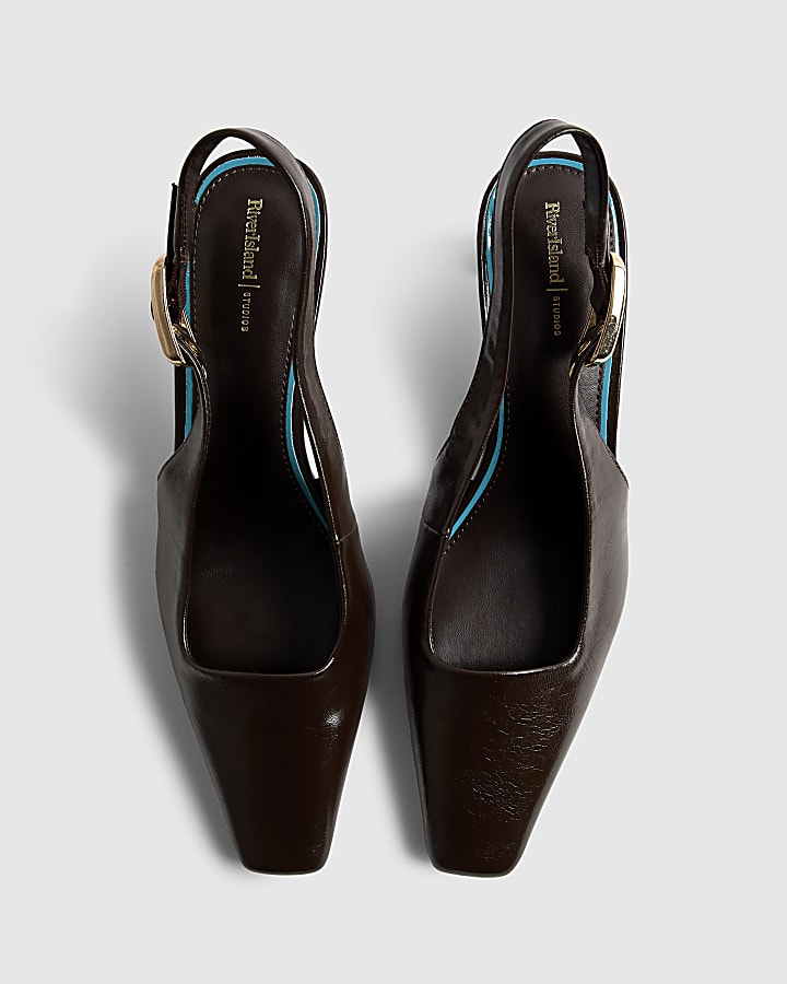 river island Brown Low Chisel Toe Slingback Court Heels