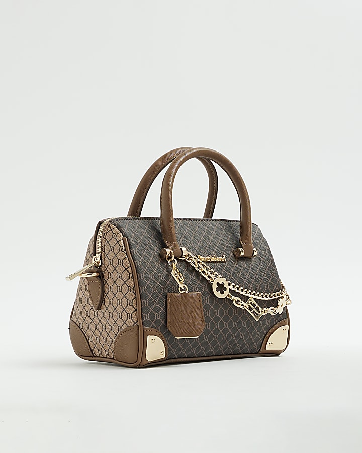 River Island Brown Monogram Chain Detail Bowler Bag