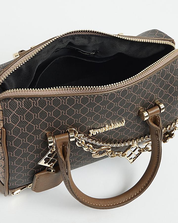 river island Brown Monogram chain detail Bowler bag