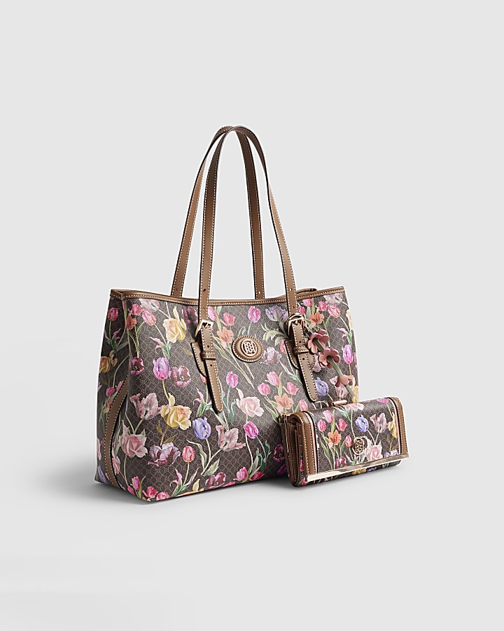 River Island Brown Monogram Floral Wallet And Shopper Bag