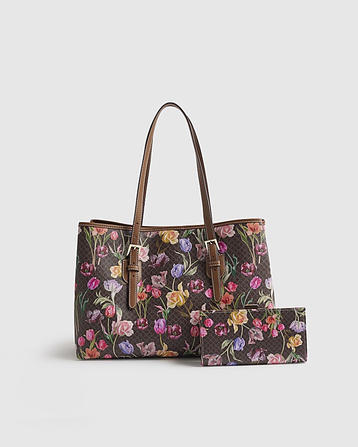River Island Brown Monogram Floral Wallet And Shopper Bag