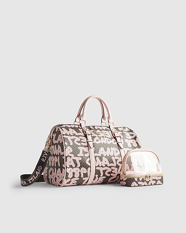 River Island Brown Monogram Graffiti Barrell Bag Bundle
