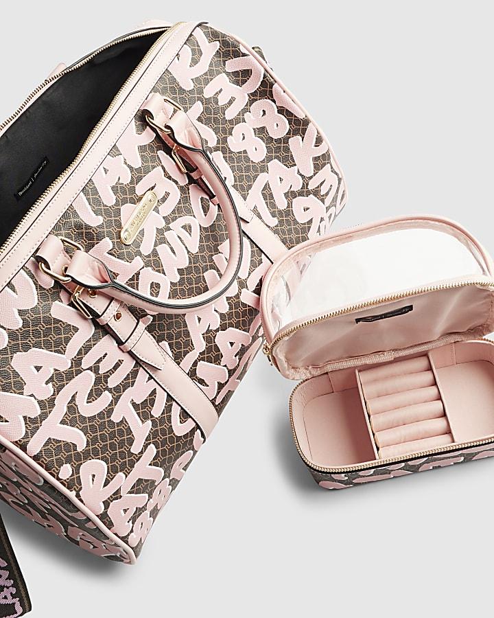 river island Brown Monogram Graffiti Barrell Bag Bundle