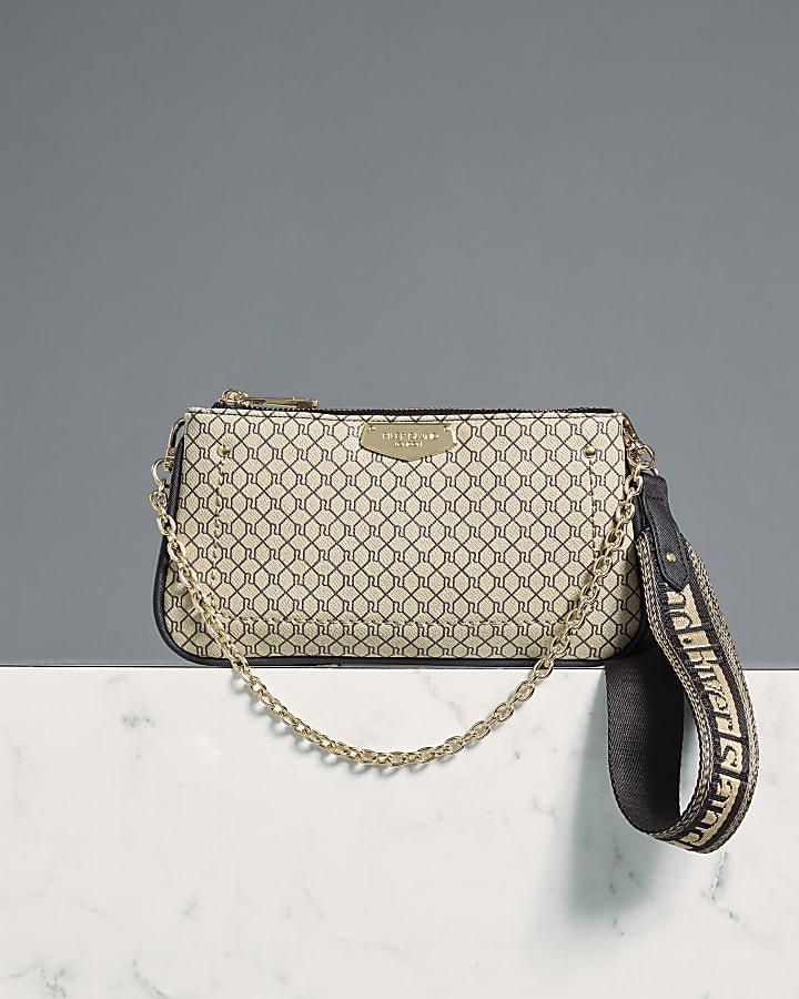 River Island Brown Monogram Print Chain Cross Body Bag