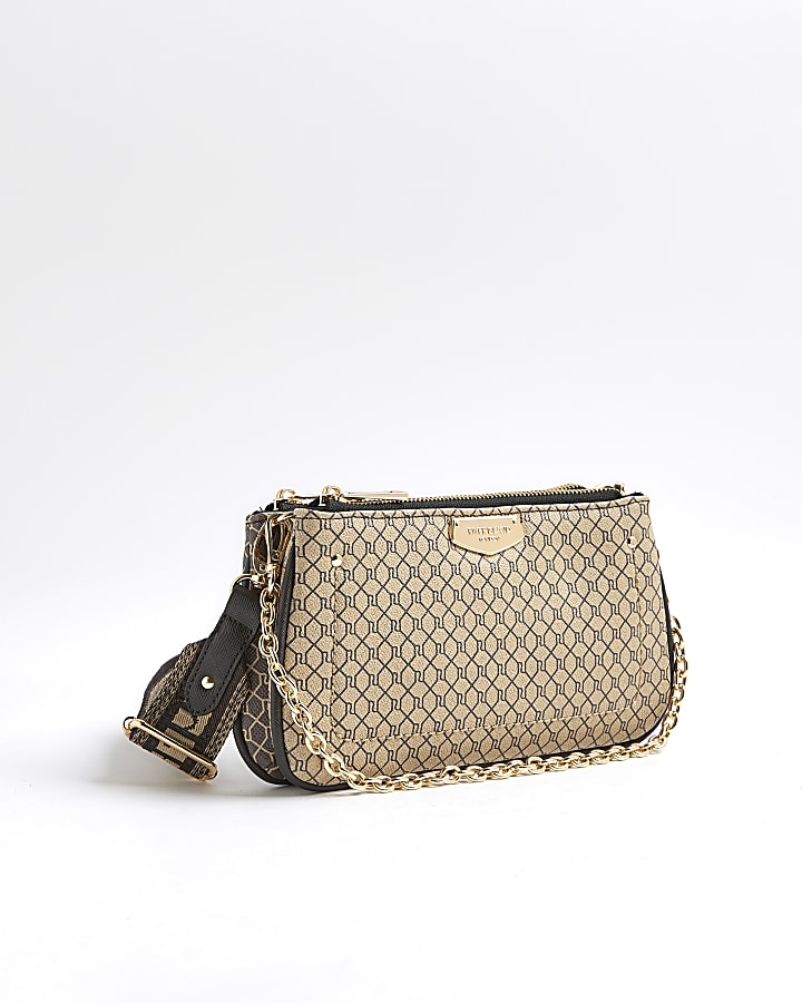 River Island Brown Monogram Print Chain Cross Body Bag