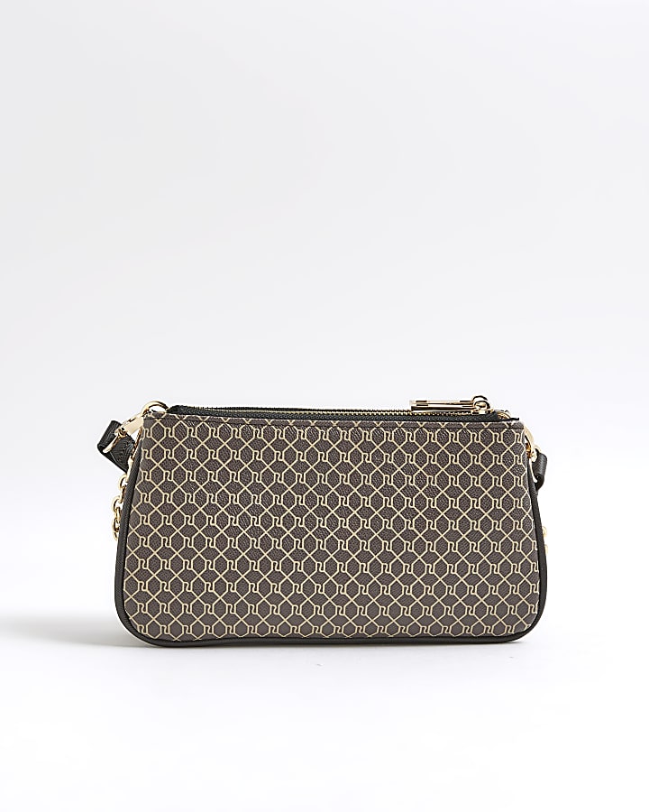 River Island Brown Monogram Print Chain Cross Body Bag