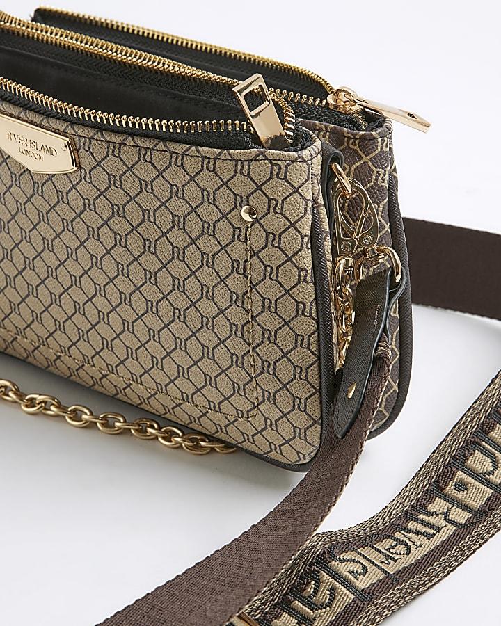 river island Brown Monogram Print Chain Cross Body Bag