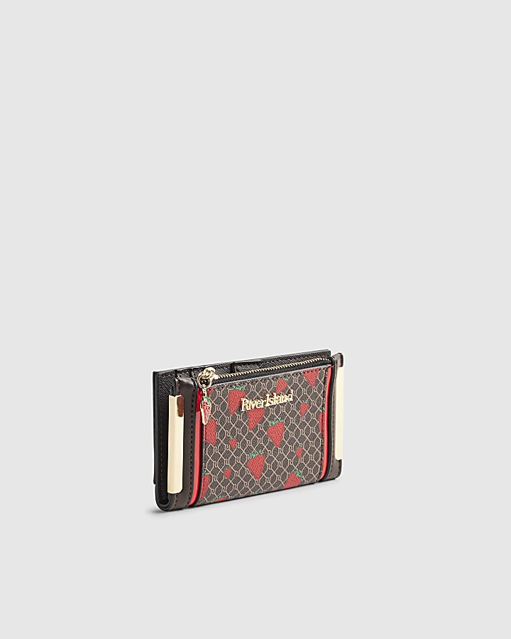 River Island Brown Monogram Strawberry Print Mini Purse