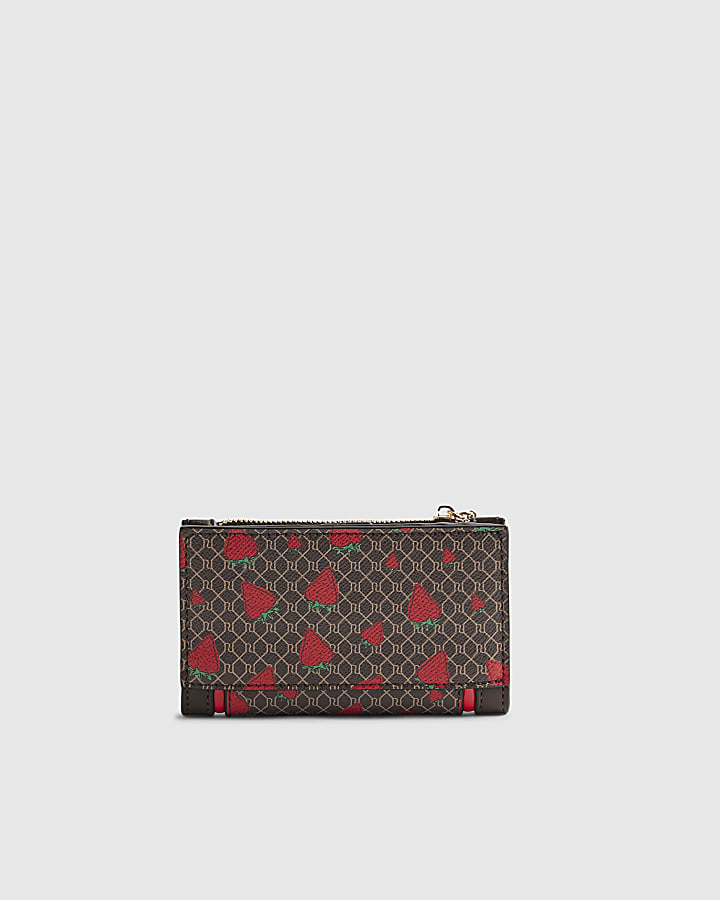 River Island Brown Monogram Strawberry Print Mini Purse