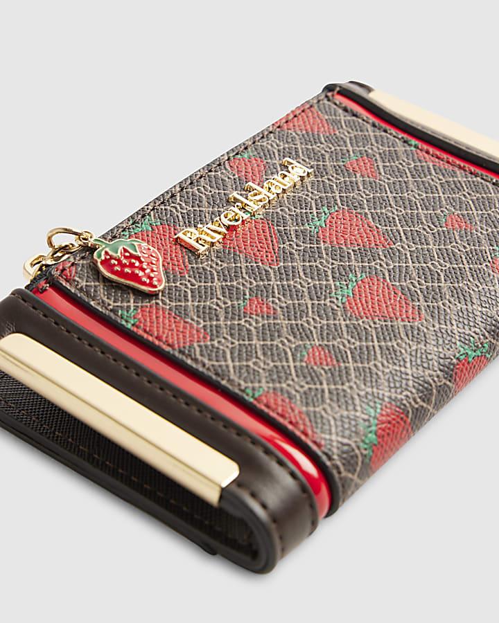 River Island Brown Monogram Strawberry Print Mini Purse
