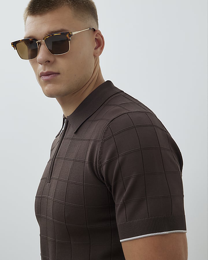 River Island Brown Muscle Fit Grid Textured Polo Shirt