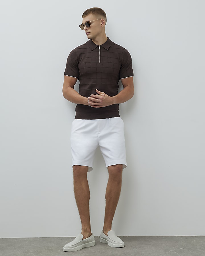 River Island Brown Muscle Fit Grid Textured Polo Shirt