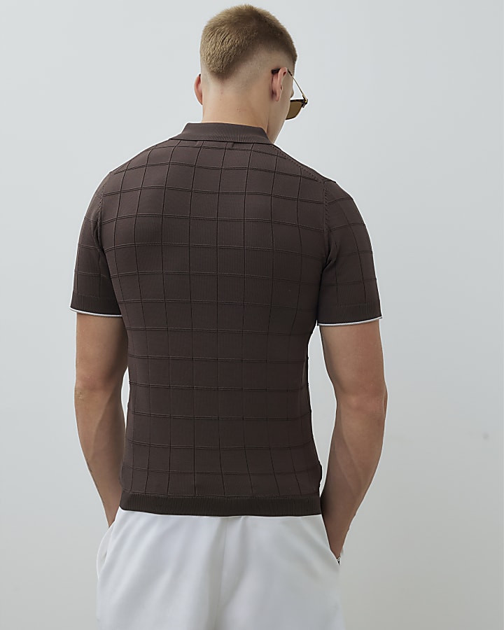River Island Brown Muscle Fit Grid Textured Polo Shirt