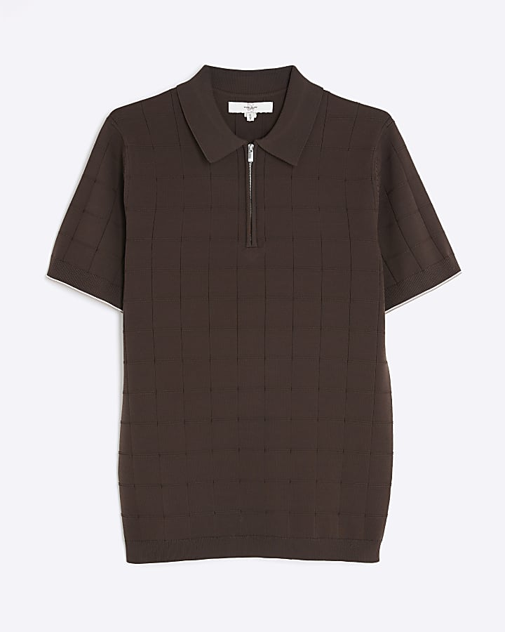 river island Brown Muscle Fit Grid Textured Polo Shirt