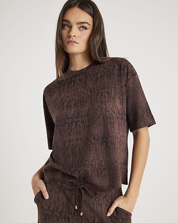 River Island Brown Premium Crinkle Effect Boxy T-shirt
