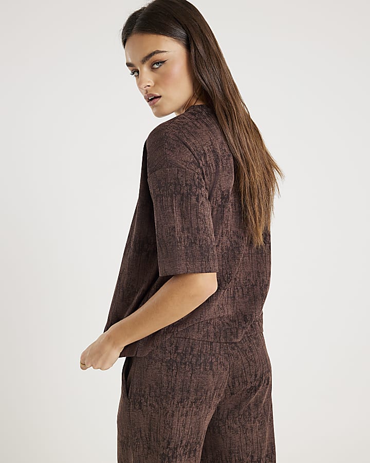 River Island Brown Premium Crinkle Effect Boxy T-shirt